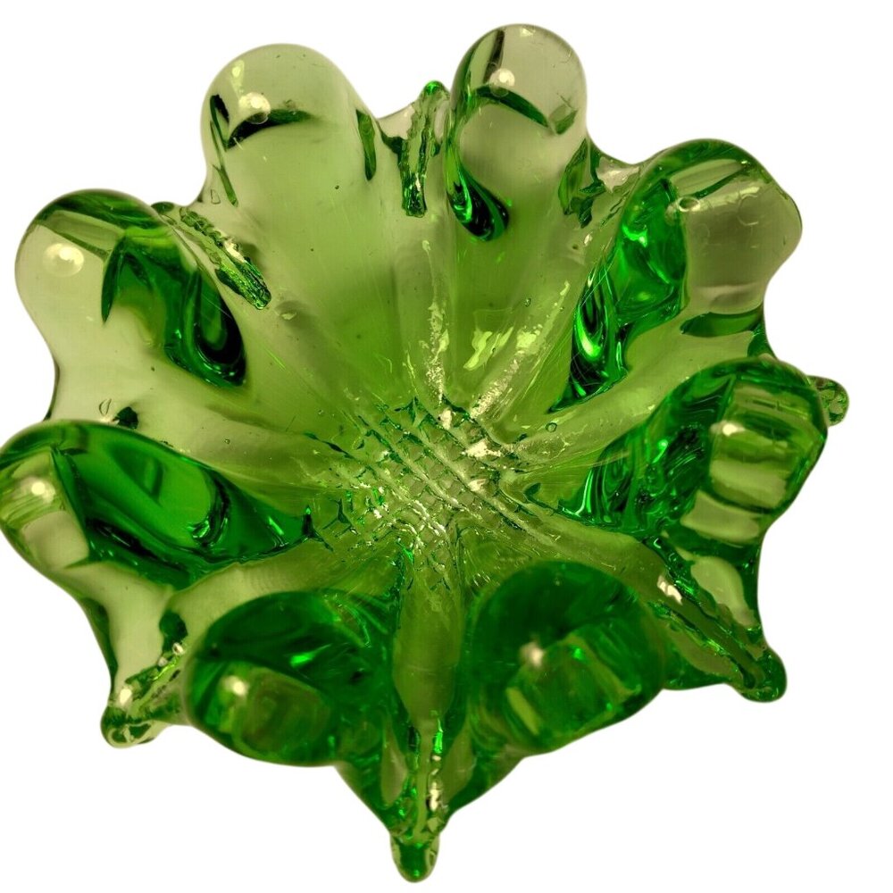 Stretch Glass Ashtray Trinket Dish Green Art Glass Abstract 3.5"